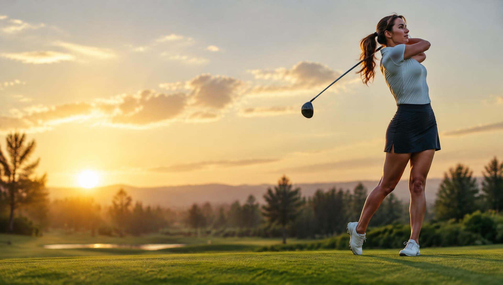 A woman golfer completing her swing on a fairway at sunset